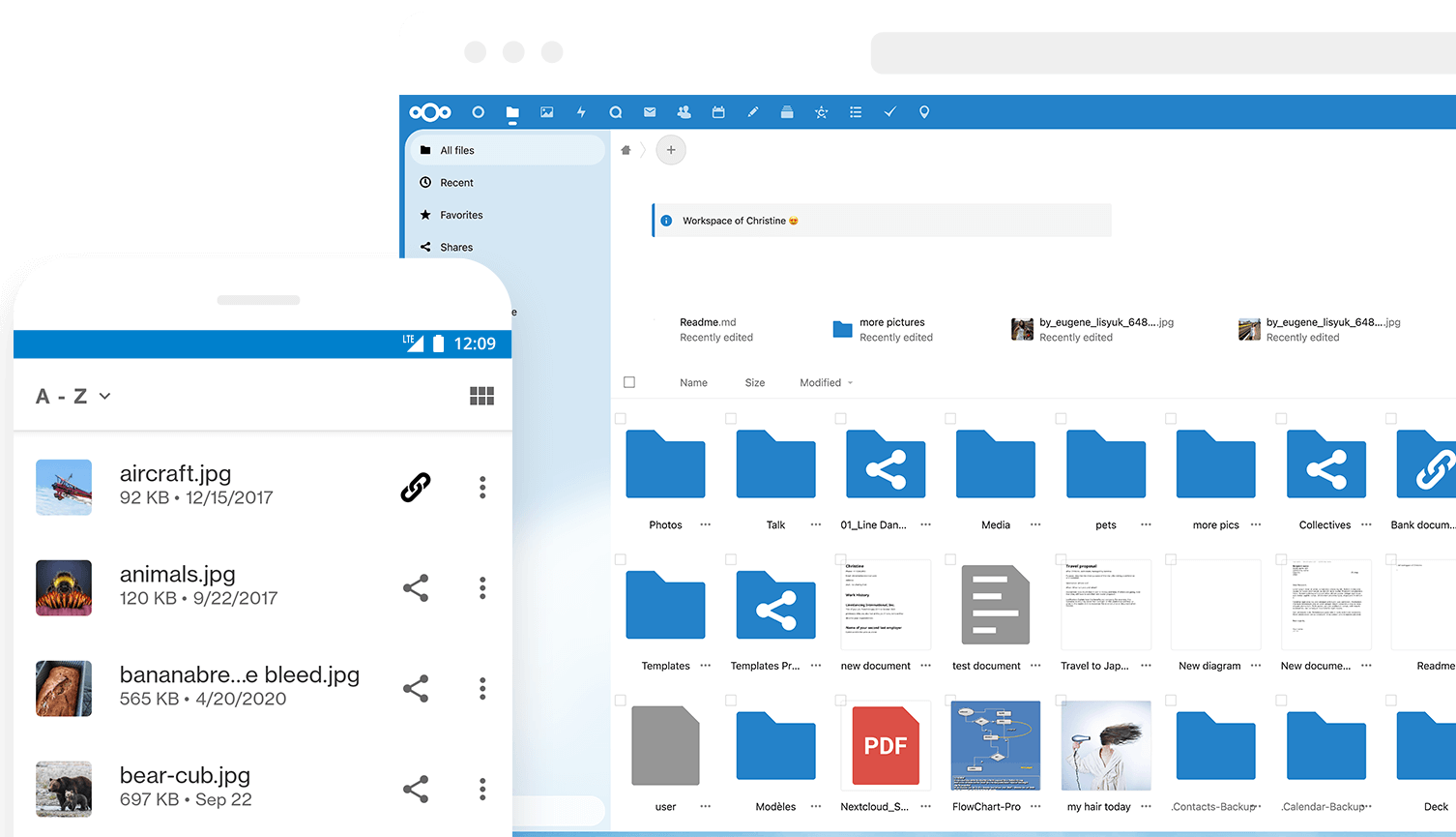 Nextcloud — file manager con cartelle, anteprima documenti e sync