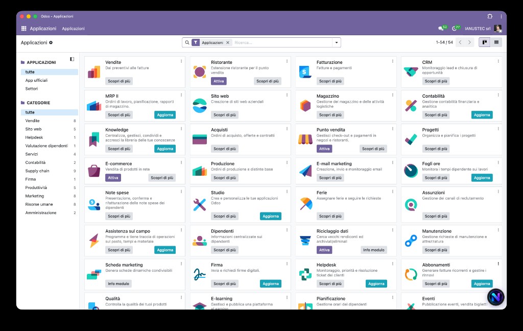 Odoo su NEURA — store applicazioni IANUSTEC con Vendite, CRM, Magazzino e Contabilità