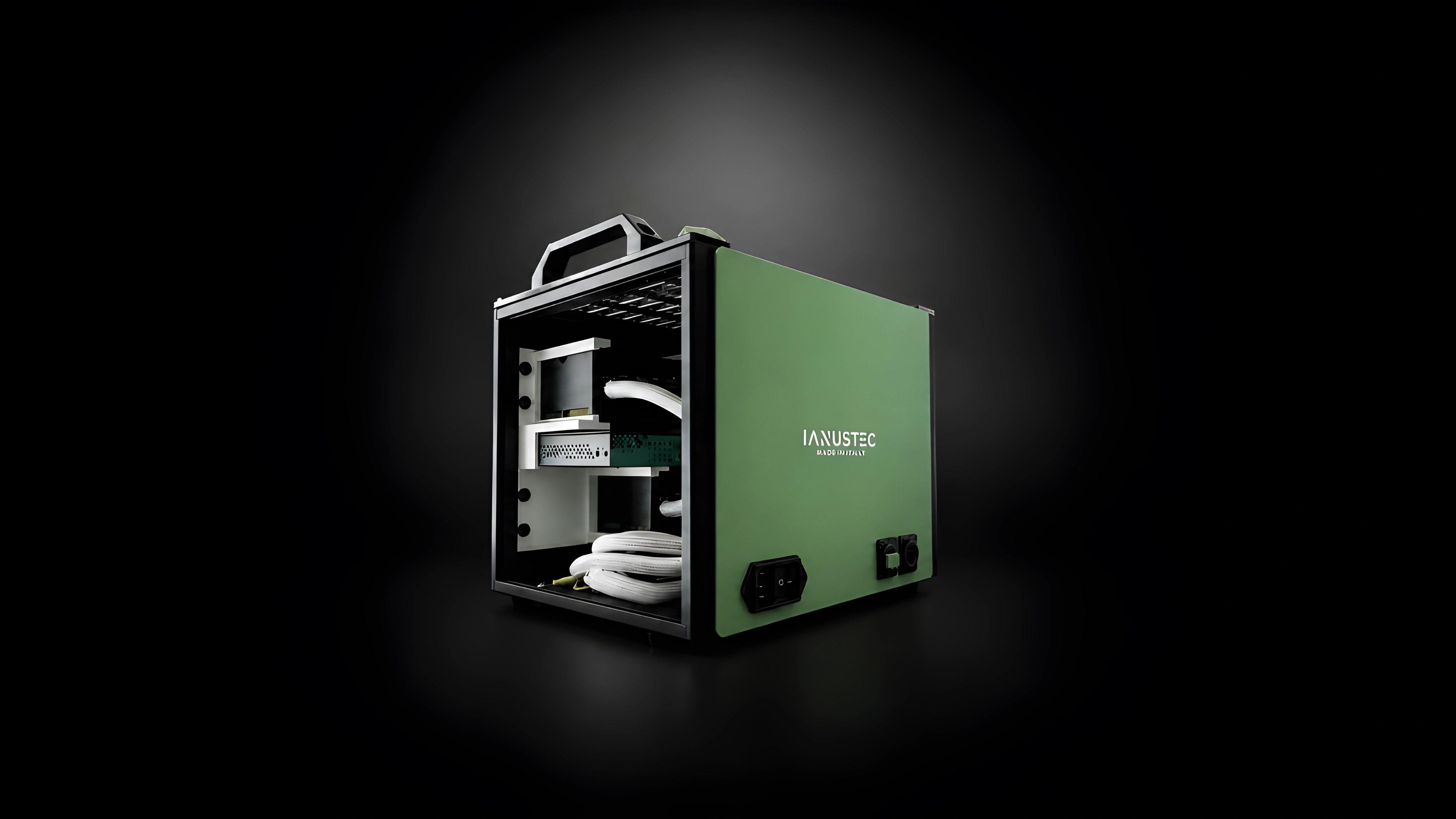 NEURA Rack in finitura Verde smeraldo — hardware Made in Italy, interni visibili e cavi premium